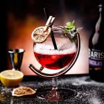 Eleganter wissenschaftlich inspirierter Cocktail in einer einzigartigen Glasgestaltung mit Zitrusfrüchten und Minzblättern, perfekt für Cocktail- und Wissenschaftsliebhaber.