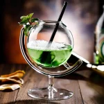 Ein wissenschaftliches Experimentglas mit grüner Flüssigkeit und schwarzem Stab, auf einem Holztisch, ideal für wissenschaftliche Dekorationen und Gadgets.