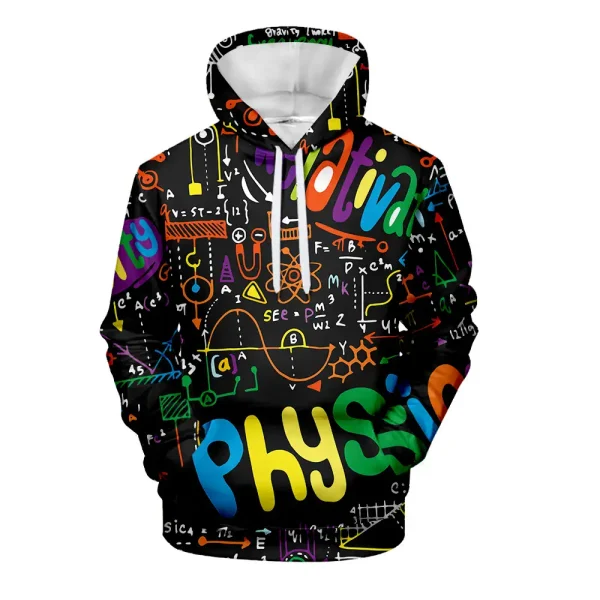 Bequemer Hoodie mit wissenschaftlichen Formeln und Symbolen, ideal für Physikliebhaber und Studenten, mit buntem Design auf schwarzem Hintergrund.