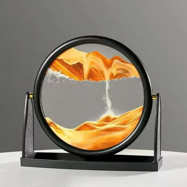 Dekoratives Sand- und Wasser-Experiment mit vulkanischem Sand in einem runden Rahmen, das die Naturkräfte von Lava und Wasser simuliert.