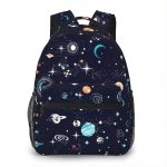 Rucksack mit Weltraum-Design, Sternen, Planeten und Galaxien, ideal für Schule und Freizeit.
