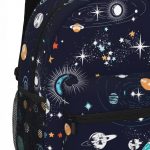 Schulrucksack mit Weltraum-Design, zeigt Planeten, Sterne und Galaxien auf dunkelblauem Hintergrund, ideal für Astronomie- und Wissenschaftsbegeisterte.