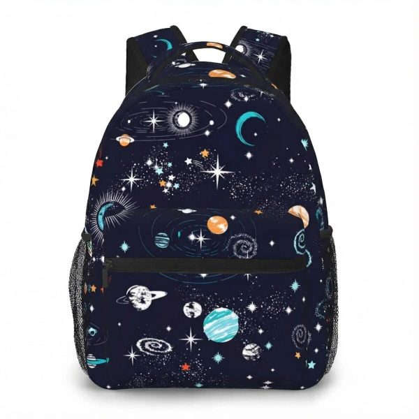 Rucksack mit Weltraum-Design, Sternen, Planeten und Galaxien, ideal für Schule und Freizeit.