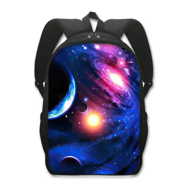 Rucksack mit Weltraum-Motiv, zeigt Planeten und Galaxien in leuchtenden Farben, ideal für Wissenschafts- und Astronomie-Enthusiasten.