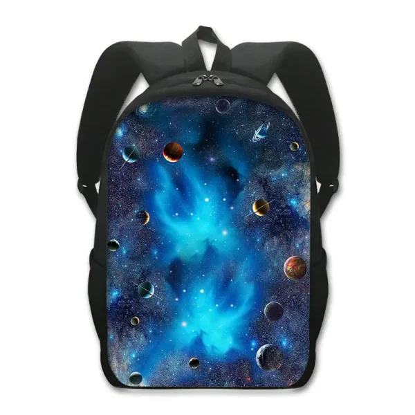 Rucksack mit Weltraum-Design, zeigt eine Galaxie mit Sternen und Planeten, ideal für Wissenschafts- und Astronomie-Enthusiasten.