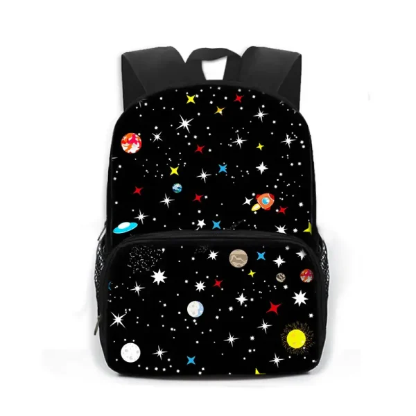Rucksack mit Weltraum-Motiv, Sterne und Planeten, ideal für Science-Fans und Schüler.