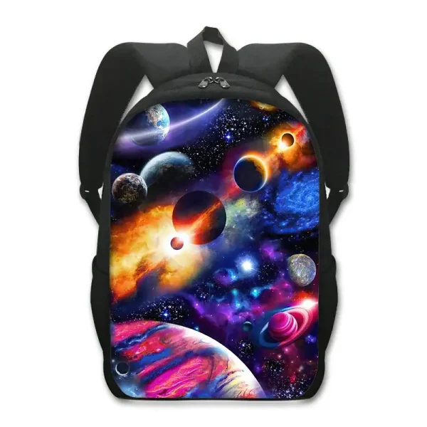 Rucksack mit Weltraum-Design, zeigt Planeten, Sterne und Galaxien in leuchtenden Farben, ideal für Science-Fans und Astronomie-Enthusiasten.