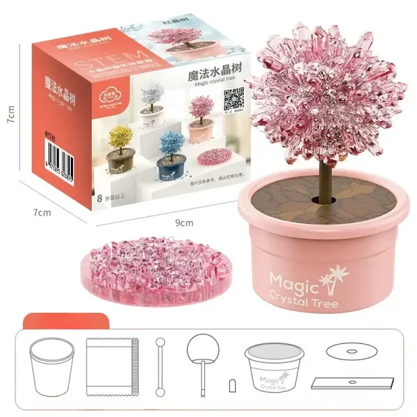 Dekorativer Kristallbaum in rosa Blumentopf, ideal für wissenschaftliche und dekorative Zwecke, mit Verpackung und Zubehör im Hintergrund.