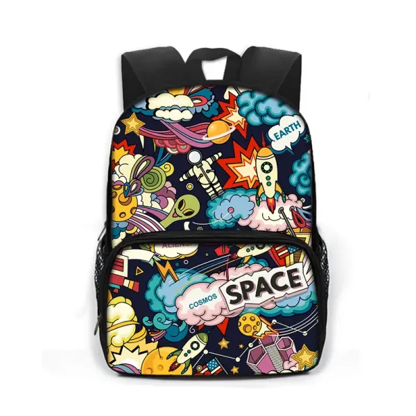 Bunter Rucksack mit Weltraum-Design, inklusive Raketen, Planeten und Sternen, perfekt für Science-Fans und Kinder, ideal für Schule und Freizeit.