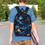 Rucksack mit Weltraum-Design, ideal für Kinder, zeigt Planeten, Sterne und den Mond, perfekt für Schule und Freizeit.