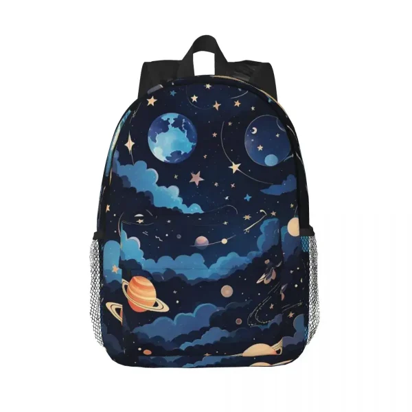 Rucksack mit Weltraum-Design, zeigt Planeten, Sterne und den Mond in einem nächtlichen Himmel. Perfekt für Wissenschafts- und Astronomie-Fans, ideal für Schule und Freizeit.