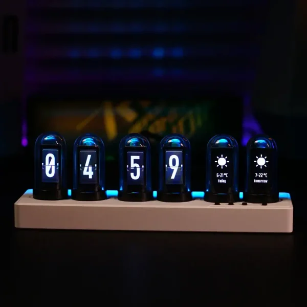 Moderne Raumfahrt-Uhr mit leuchtenden Nixie-Röhren, zeigt die Zeit digital an, ideal für Science-Fiction- und Technikliebhaber.