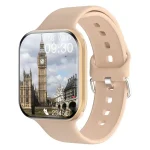 Smartwatch mit Big Ben und Londons Stadtbild auf dem Bildschirm, modernes Wearable-Design in Beige, zeigt die Uhrzeit und Schrittzahl.