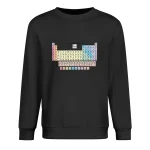 Schwarzer Pullover mit einem detaillierten Periodensystem der Elemente in Pastellfarben, ideal für Wissenschafts- und Chemieliebhaber.