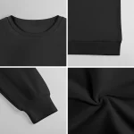 Nahaufnahme eines schwarzen Sweatshirts mit Rundhalsausschnitt, elastischem Bündchen an Ärmel und Saum, weiches Material, ideal für Alltag und Freizeit.