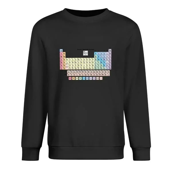 Schwarzer Pullover mit einem detaillierten Periodensystem der Elemente in Pastellfarben, ideal für Wissenschafts- und Chemieliebhaber.