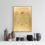 Detaillierte Abbildung des Vitruvianischen Menschen von Leonardo da Vinci, zeigt Proportionsstudie des menschlichen Körpers in einem Kreis und Quadrat.