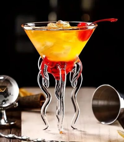 Eleganter Cocktail in einem wissenschaftlich inspirierten Glas mit Tentakeln-Design, gefüllt mit einem bunten Getränk und einer Kirsche, perfekt für Dekoration und Wissenschafts-Themen.