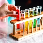 Bunte Reagenzgläser mit Flüssigkeiten in einem Holzständer, ideal für wissenschaftliche Experimente und Dekoration.