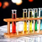 Laborexperiment mit bunten Flüssigkeiten in Reagenzgläsern auf Holzständer, wissenschaftliches Dekor, ideal für Bildung und Wissenschaftsdekoration.