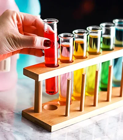 Bunte Reagenzgläser mit Flüssigkeiten in einem Holzständer, ideal für wissenschaftliche Experimente und Dekoration.