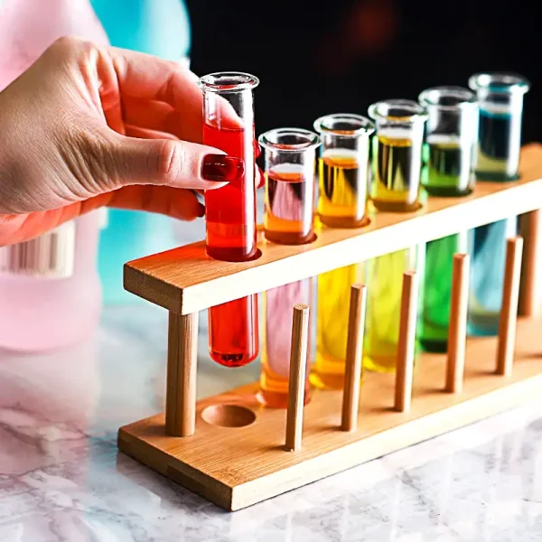 Bunte Reagenzgläser mit Flüssigkeiten in einem Holzständer, ideal für wissenschaftliche Experimente und Dekoration.