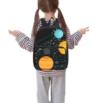 Kind mit einem Rucksack mit Weltraummotiv, das Planeten und Sterne zeigt, ideal für junge Astronomie-Enthusiasten.