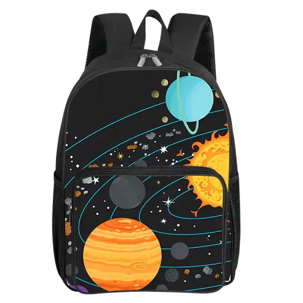 Rucksack mit Weltraum-Design, zeigt Planeten, Sterne und Sonnen, ideal für Wissenschafts- und Astronomie-Enthusiasten.