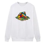 Weißer Sweatshirt mit buntem, schmelzendem Rubik's Cube Design, ideal für Science- und Gadget-Liebhaber, modisches Statement für Freizeit und Alltag.
