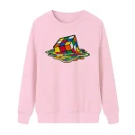 Rosa Pullover mit einem bunten Rubik's Cube, der auf einer bunten, flüssigen Oberfläche schwimmt, ideal für Science- und Gadget-Liebhaber.