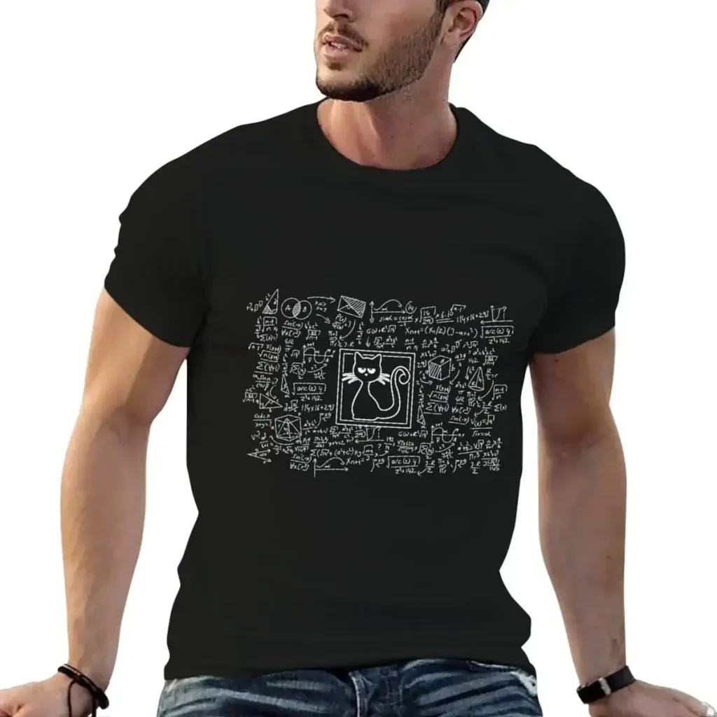 Schwarzes T-Shirt mit wissenschaftlichem Diagramm und Katzenzeichnung in der Mitte, ideal für Wissenschafts- und Katzenliebhaber.
