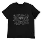 Schwarzes T-Shirt mit weißem wissenschaftlichem Katzen-Illustrationsdruck, ideal für Wissenschafts- und Katzenliebhaber.