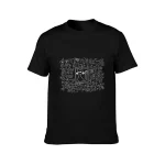 Schwarzes T-Shirt mit wissenschaftlichem Katzen-Design, das aus verschiedenen chemischen und physikalischen Symbolen besteht.