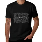 Schwarzes T-Shirt mit weißem Sternbild einer Katze, umgeben von wissenschaftlichen Symbolen und Diagrammen, modernes Design für Wissenschafts- und Katzenliebhaber.