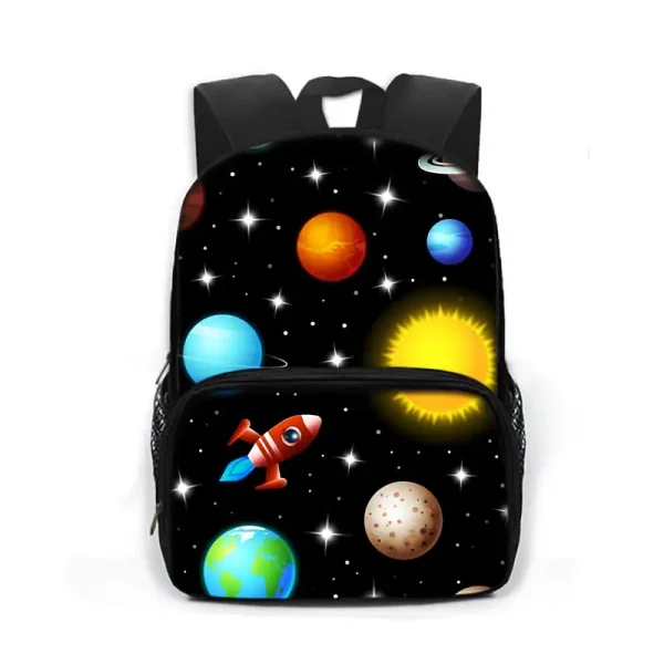 Rucksack mit Weltraum-Design, Planeten und Rakete, ideal für Kinder und Astronomie-Enthusiasten.