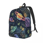 Bunter Rucksack mit Weltraummotiv, Sternen und Planeten, ideal für Schule und Freizeit.