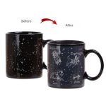 Schwarze Tasse mit weißen Sternbildern und Galaxie-Design, zeigt die Sternzeichen Zwillinge, Löwe, Jungfrau, Waage, Skorpion, Schütze, Steinbock, Wassermann, Fische, Widder, Stier, Krebs.