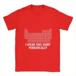 Rotes T-Shirt mit Periodensystem-Design und dem Text "I WEAR THIS SHIRT PERIODICALLY" für Wissenschafts- und Chemie-Enthusiasten.