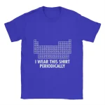 Blaues T-Shirt mit Periodensystem-Design und dem Text "I WEAR THIS SHIRT PERIODICALLY" für Wissenschafts- und Chemie-Enthusiasten.