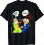 Humorvolles Wissenschafts-T-Shirt mit Cartoon-Charakteren, die mathematische Formeln und physikalische Gleichungen darstellen, ideal für Wissenschaftsbegeisterte.