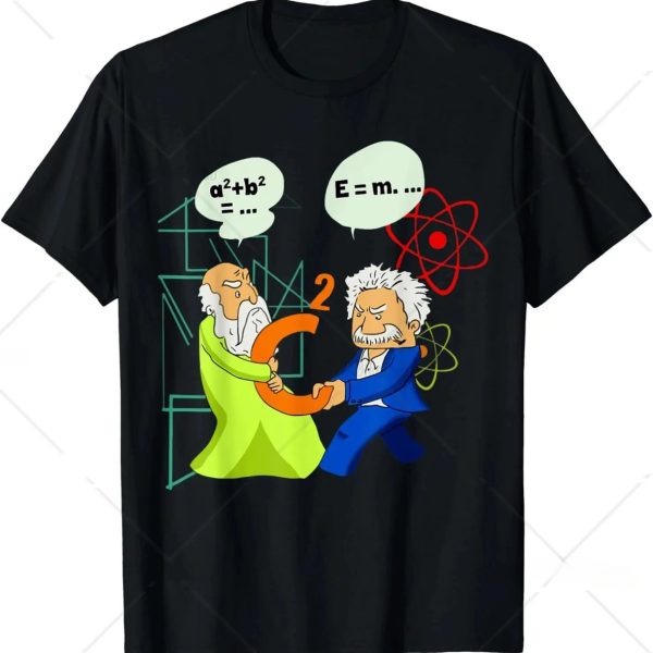 Humorvolles Wissenschafts-T-Shirt mit Cartoon-Charakteren, die mathematische Formeln und physikalische Gleichungen darstellen, ideal für Wissenschaftsbegeisterte.