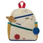 Kinder-Rucksack mit Weltraummotiv, Planeten und Sternen, ideal für den Schulanfang, aus weichem Material, mit bunten Applikationen und praktischen Fächern.