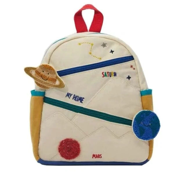 Kinder-Rucksack mit Weltraummotiv, Planeten und Sternen, ideal für den Schulanfang, aus weichem Material, mit bunten Applikationen und praktischen Fächern.