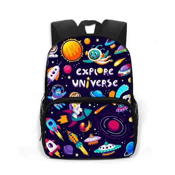 Kinderrucksack mit Weltraumdesign, featuring Raketen, Planeten und Astronauten, ideal für kleine Weltraumfans und Schulranzen.