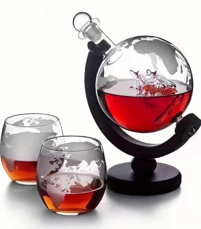 Dekorativer Globus-Getränkespender mit drei Gläsern, ideal für Partys und wissenschaftliche Dekorationen.