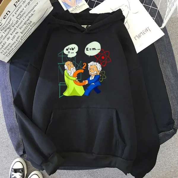 Lustiger Wissenschafts-Hoodie mit Cartoon-Physikern, die Formeln und Atommodelle halten, ideal für Wissenschafts- und Physikliebhaber.