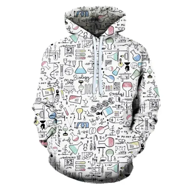 Hoodie mit wissenschaftlichen Biologie-Illustrationen, inklusive Laborausrüstung und DNA-Modelle, perfekt für Wissenschafts- und Biologie-Enthusiasten.