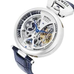 Hochwertige Bewell Automatik-Uhr mit offenem Zifferblatt, das das komplexe Uhrwerk zeigt, kombiniert mit einem eleganten blauen Lederarmband für stilvolle Träger.