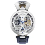 Hochwertige Bewell Automatik-Uhr mit offenem Zifferblatt, das das komplexe Uhrwerk zeigt, kombiniert mit einem eleganten schwarzen Lederarmband. Perfekt für Liebhaber mechanischer Uhren.