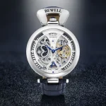 Hochwertige Bewell Automatikuhr mit sichtbarem Uhrwerk, Edelstahlgehäuse und Lederarmband, ideal für Wissenschafts- und Dekorationsliebhaber.